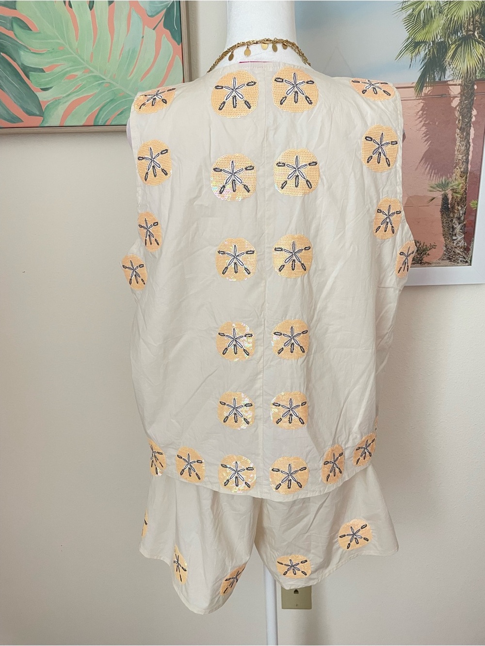 QUEEN OF SPARKLES Sequin Sand Dollar Cotton Tie Tank Top & Shorts Matching Set - Picture 8 of 10